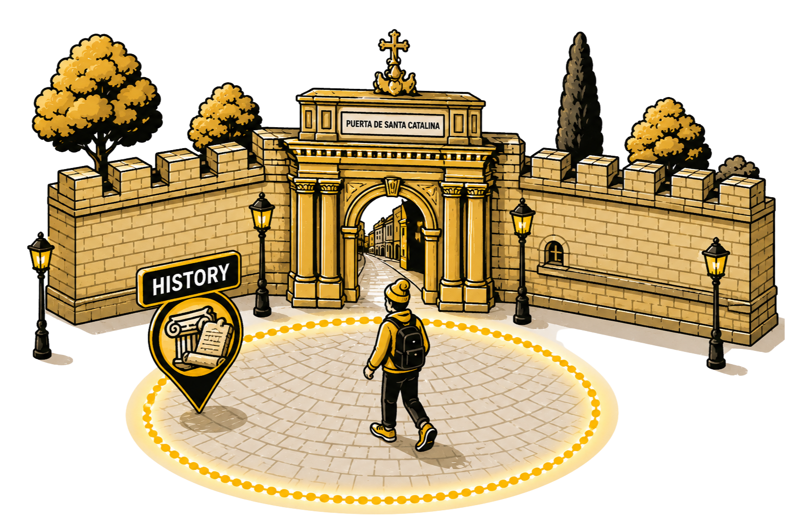 A traveler walking into a glowing yellow geofence circle at a historic gate